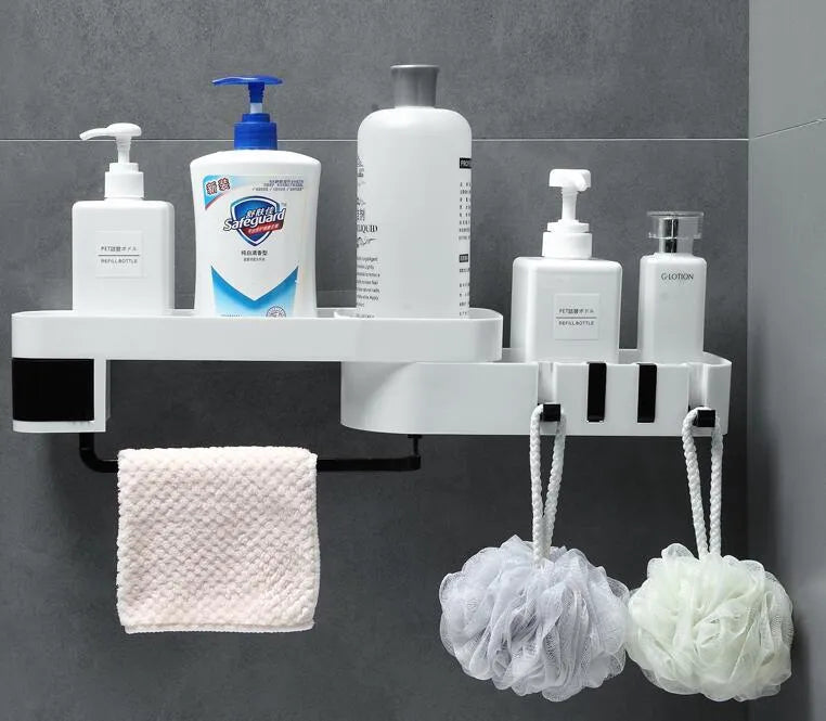 White corner shelf with suction cup mounting for bathroom or kitchen wall storage