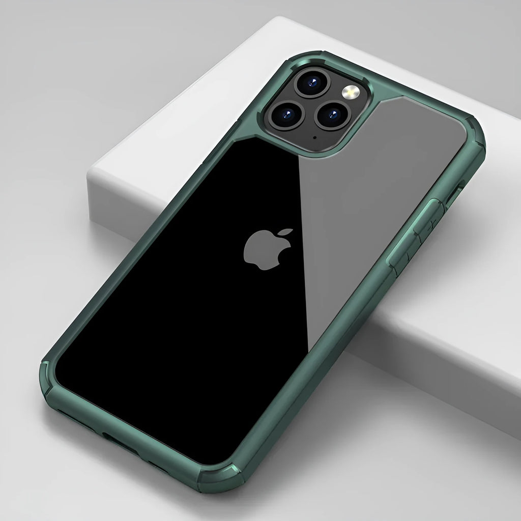 Transparent dual-material phone case set in red, green, and black for iPhone and Galaxy S20.