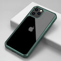 Transparent dual-material phone case set in red, green, and black for iPhone and Galaxy S20.