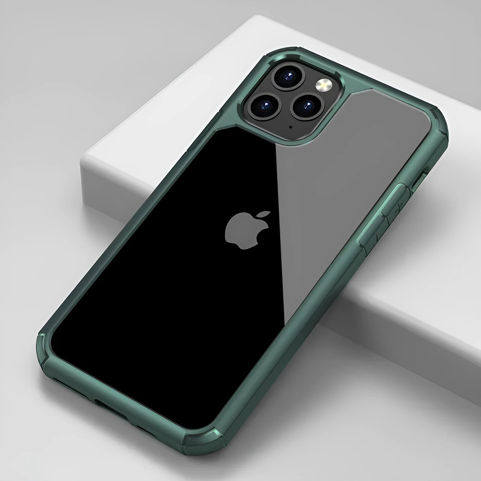 Transparent dual-material phone case set in red, green, and black for iPhone and Galaxy S20.