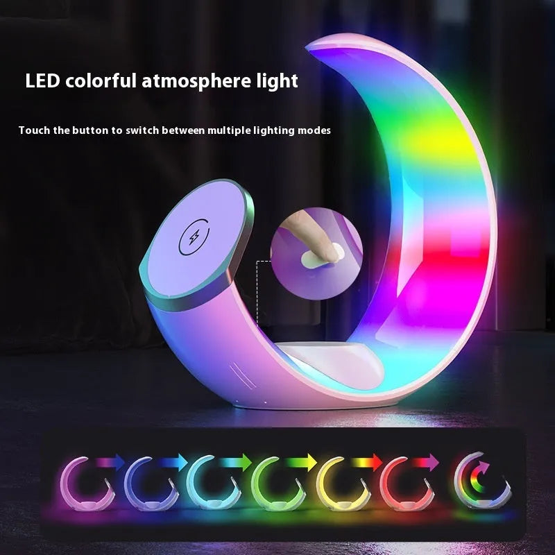 White wireless ambience light and charger with USB-C port for phones, watches and headsets