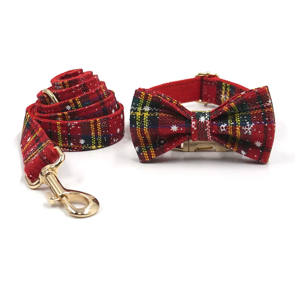 Red Christmas pet accessory set showing collar, leash, bow, harness, and waste bag with laser sculpture design