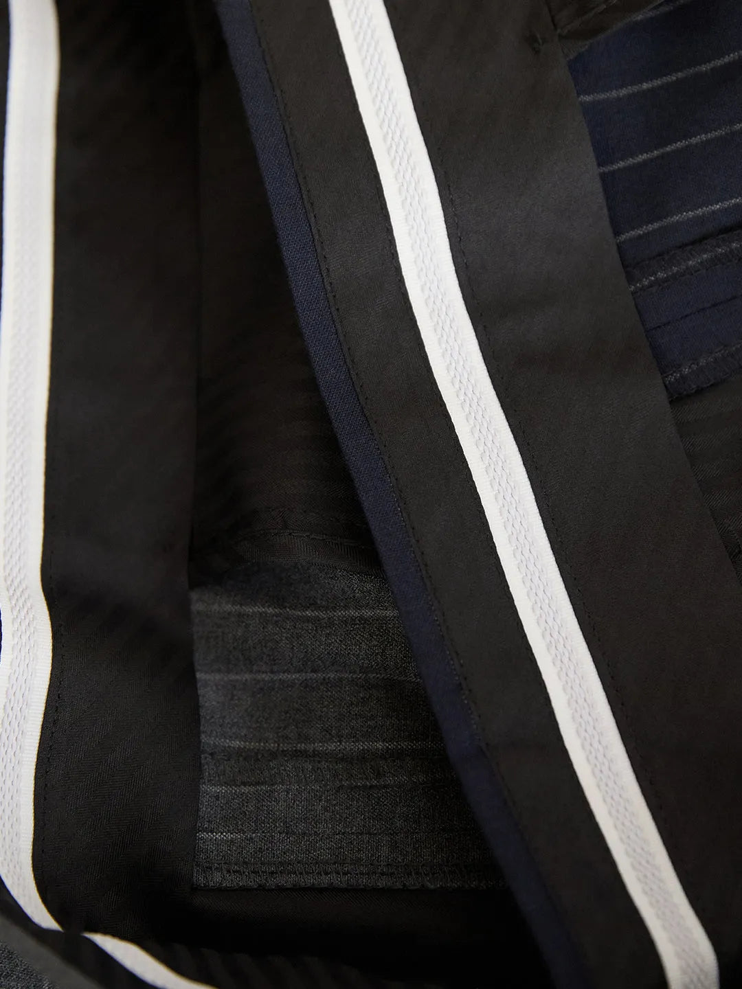 Men's Neapolitan striped trousers, mid-high waist, straight-leg, dark blue or dark grey, polyester, sizes 29-36
