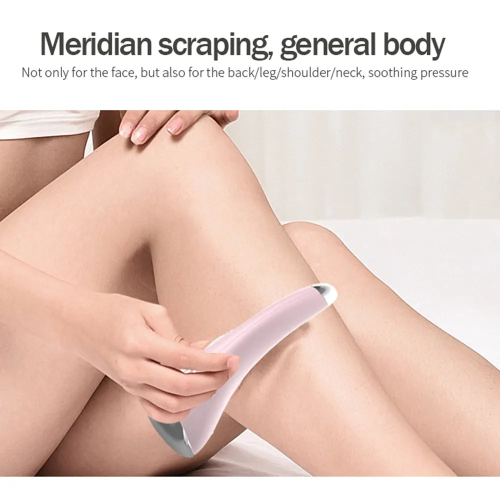 White multifunctional scraping beauty instrument with ergonomic handle, 130mm length, for face slimming and ionic therapy