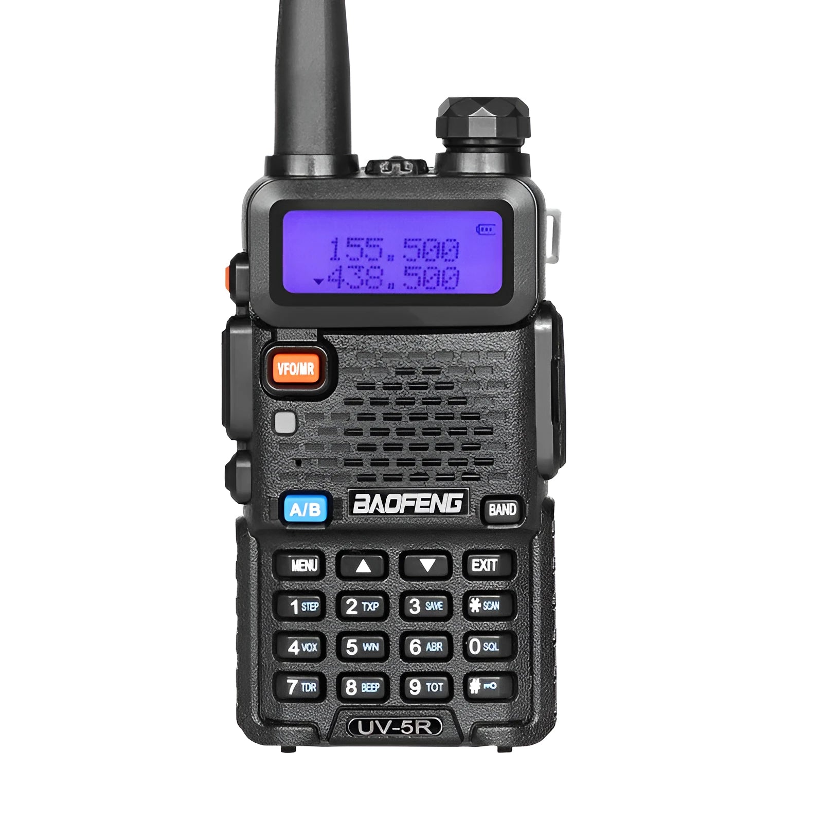 Black professional two-way radio walkie talkie with antenna, showing compact dimensions
