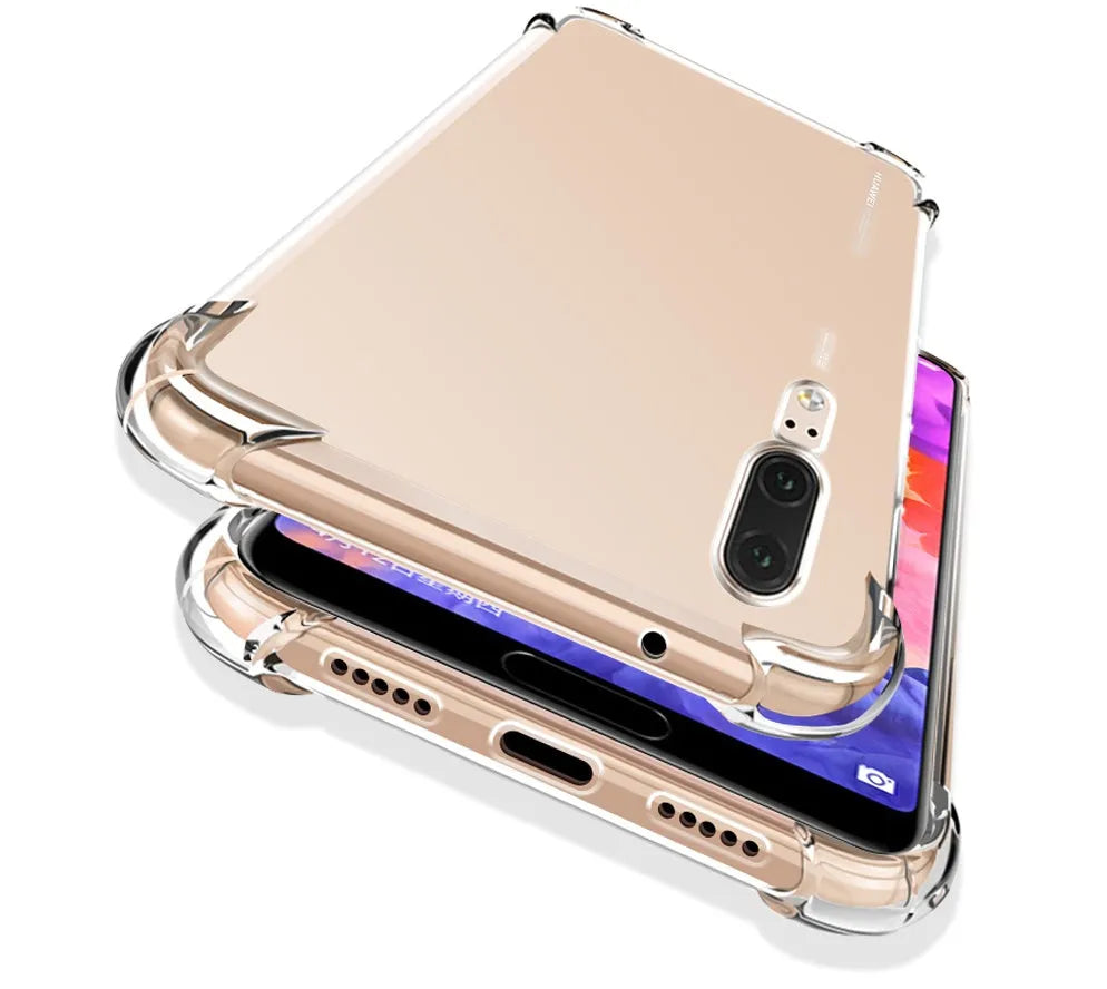 Transparent TPU phone case for Huawei and Honor smartphones showing clear design and model compatibility