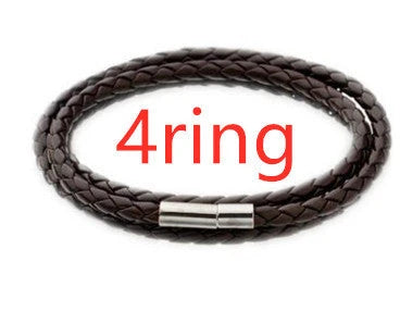 Personalized leather bracelet with engraved name charm for men, featuring a braided design and stainless steel beads