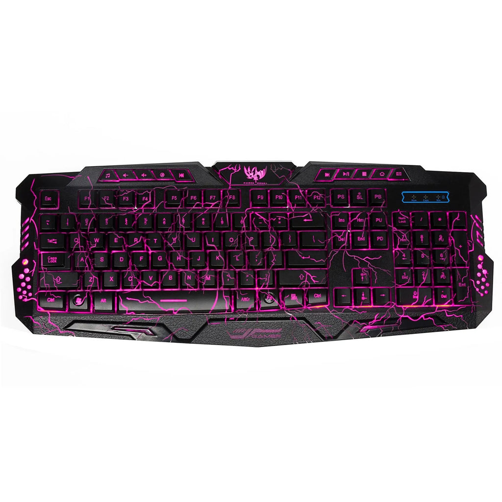 Black backlit game crack keyboard with three-colour adjustable backlight, anti-slip patches, and large curved keys