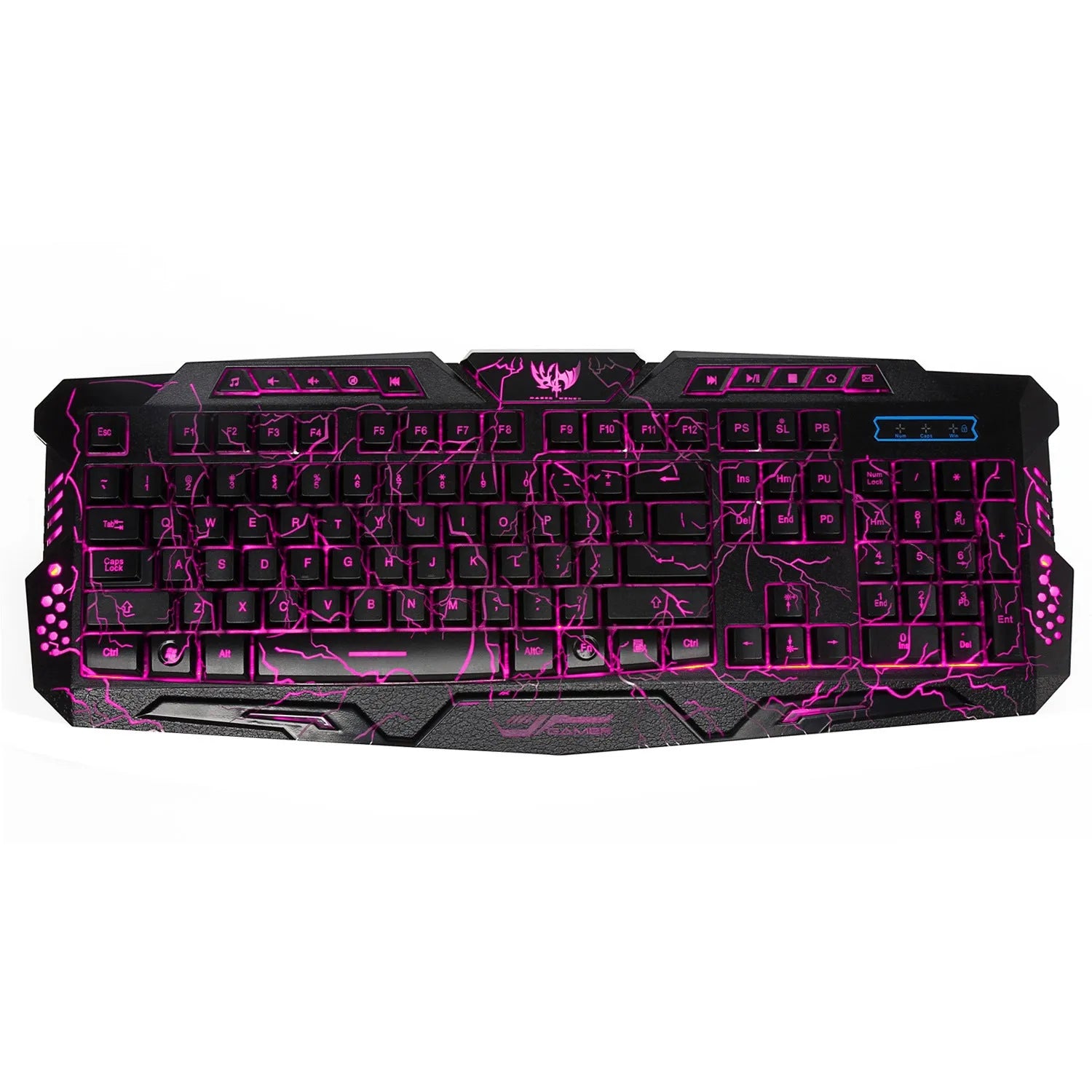 Black backlit game crack keyboard with three-colour adjustable backlight, anti-slip patches, and large curved keys