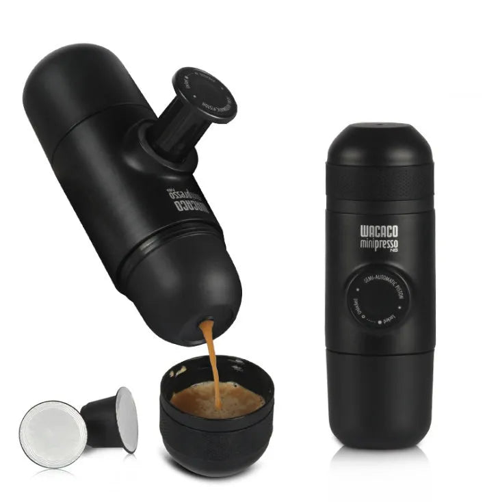Black portable manual espresso coffee machine with stainless steel parts, shown at 17.5cm height.