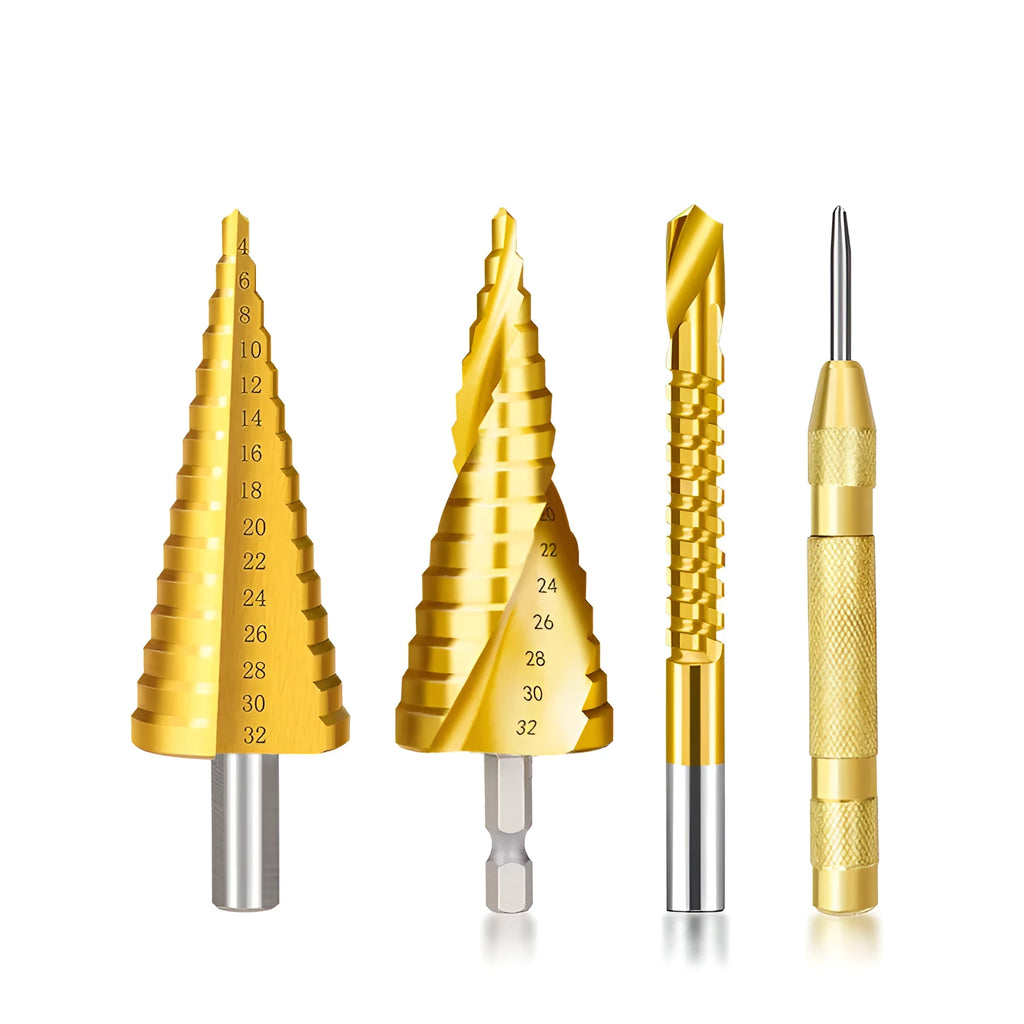 High speed steel cone step drill bit and centre punch set with numbered colour options on a workbench.