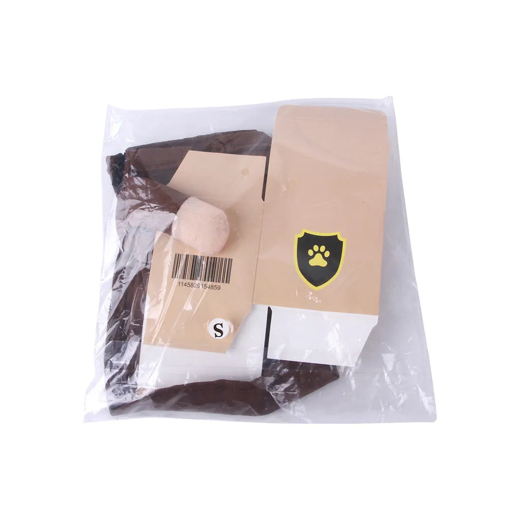 Coffee-coloured courier uniform style dog clothing on a pet, showing the polyester fabric and full outfit design.