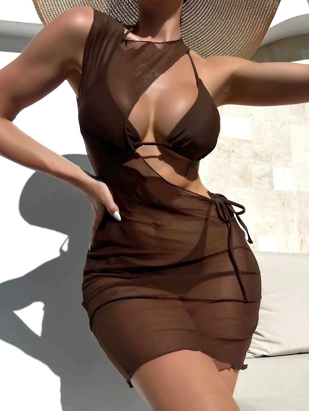 Brown solid colour women's three-piece bikini set with bra, shorts, and blouse