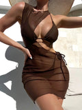 Brown solid colour women's three-piece bikini set with bra, shorts, and blouse