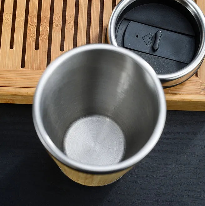 Bamboo insulated travel coffee cup with lid, showing anti-slip base pad, 420ml capacity.