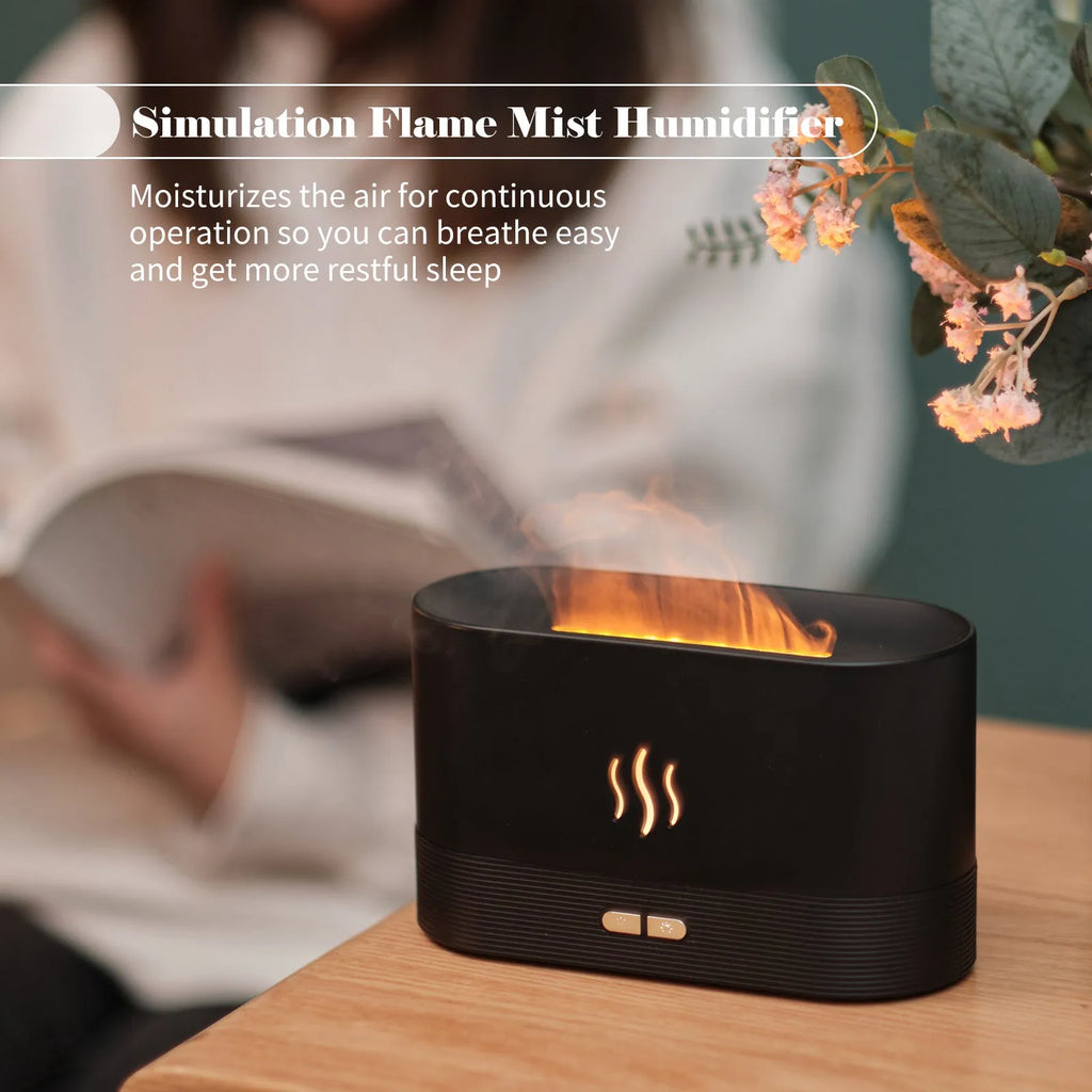 Black square ultrasonic aroma diffuser with flame effect LED light and mist output