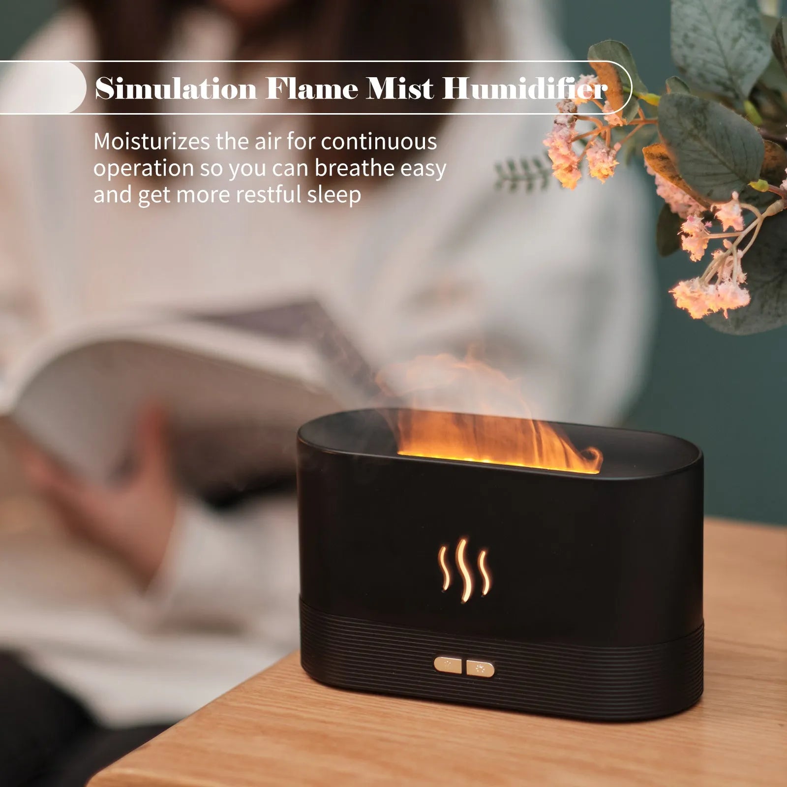 Black square ultrasonic aroma diffuser with flame effect LED light and mist output