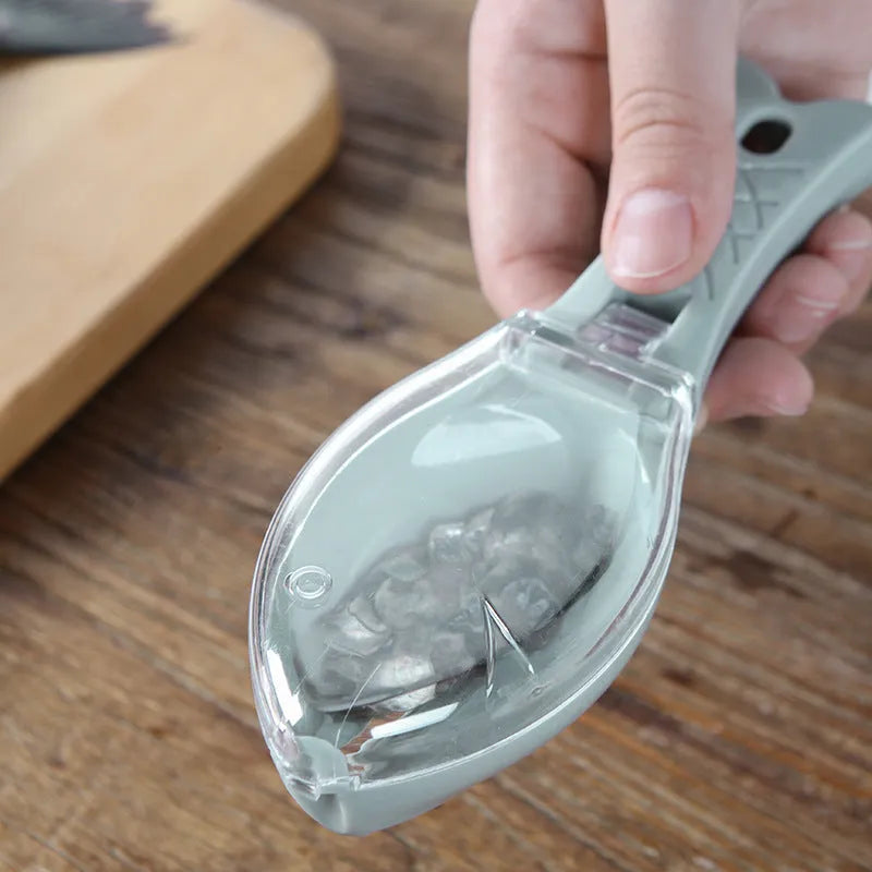 Fish-shaped scale scraper with cover in white, green, or blue colour options