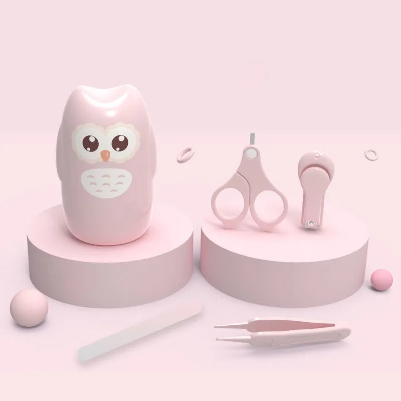 Baby nail clippers set for newborns with silicone finger caps, in colourful animal designs including a blue monkey.