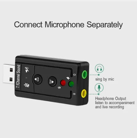 Black external USB sound card with 3.5mm headphone and microphone jacks for PC laptop computer audio adapter