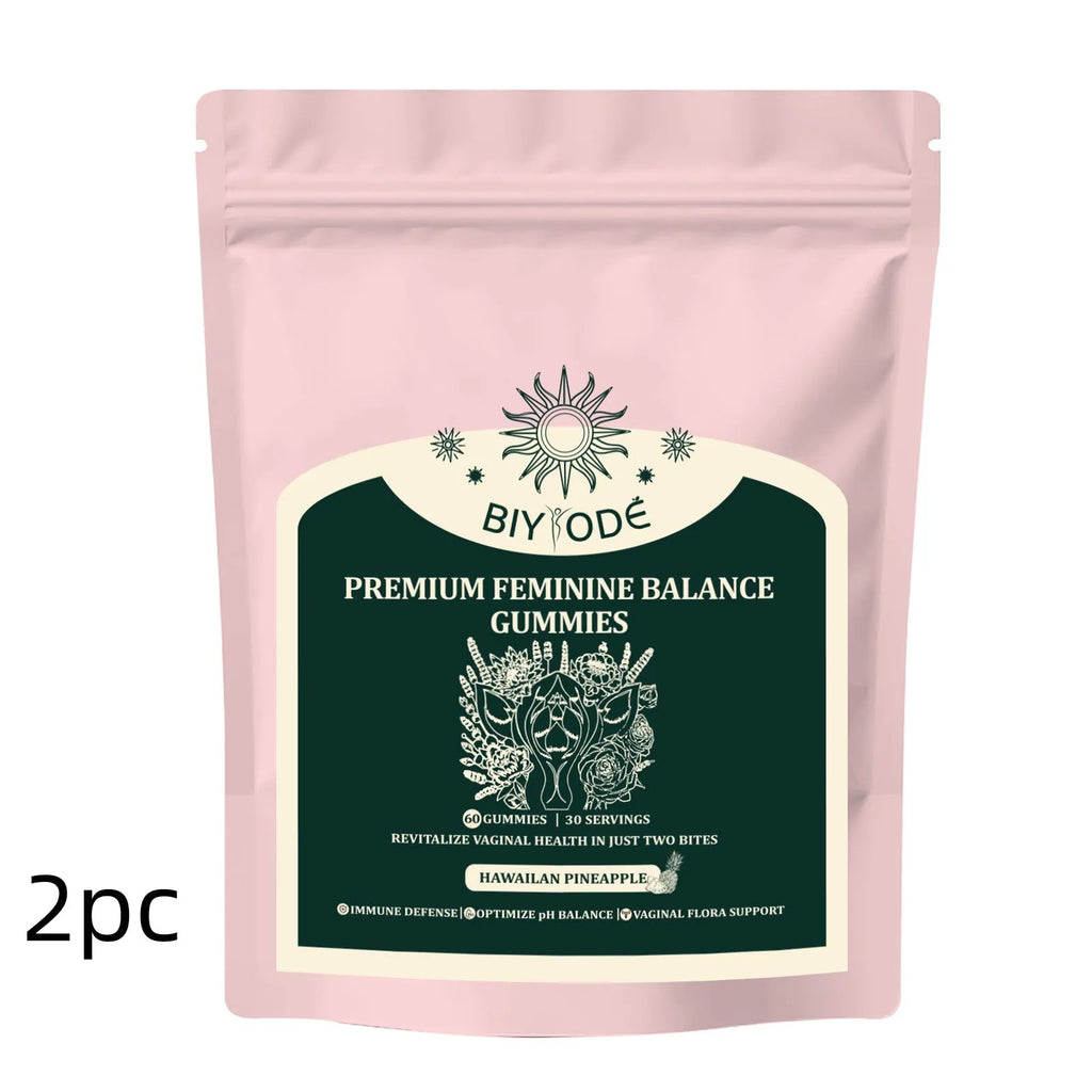 Feminine balance gummies in a clear pouch with pineapple flavour and vitamin C for vaginal health