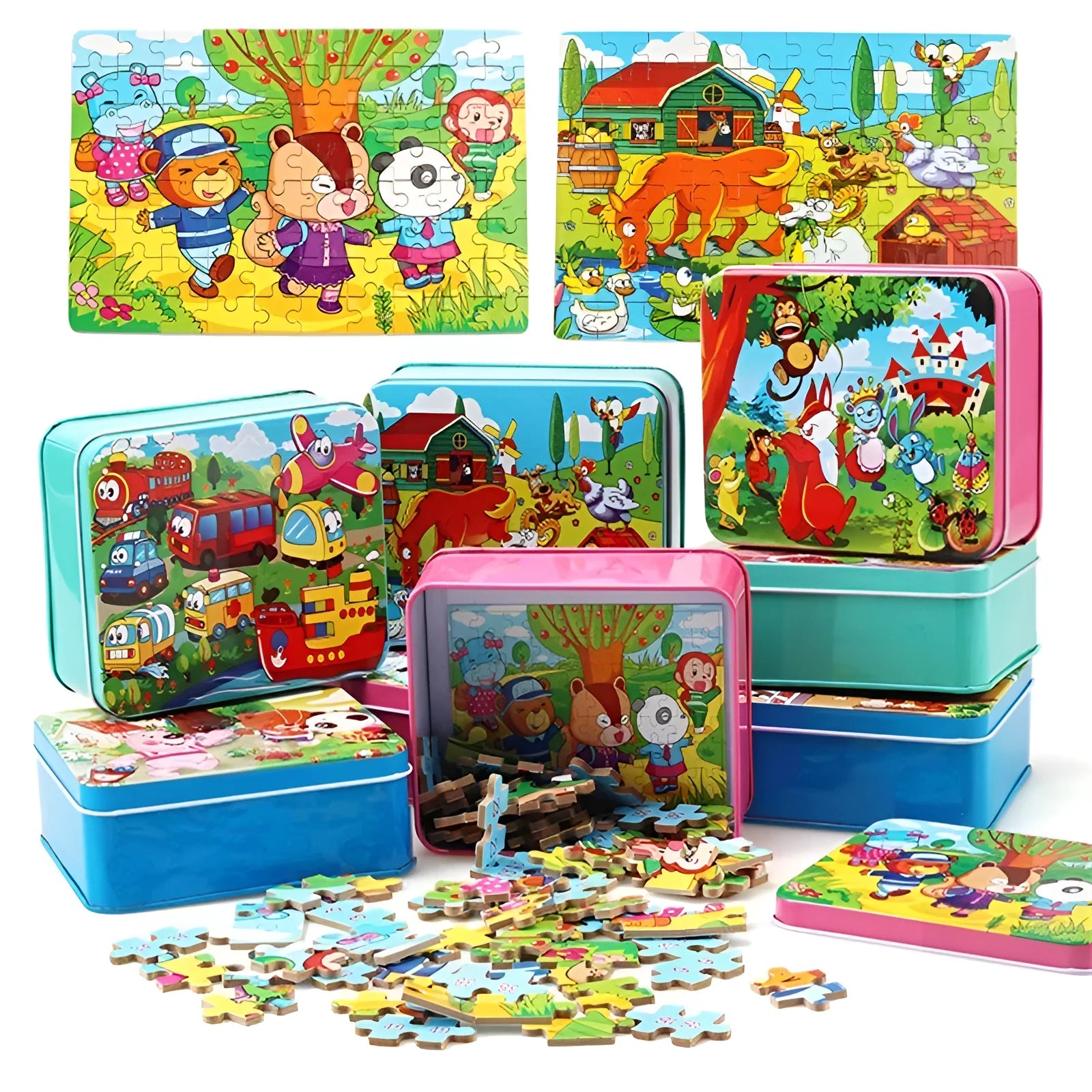 80-piece wooden educational puzzle set for children with animal designs in an iron storage box