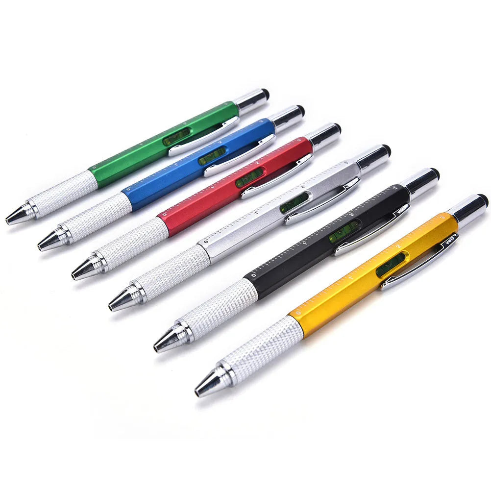 6 in 1 touch screen stylus ballpoint pen with spirit level, screwdriver tips, and scale