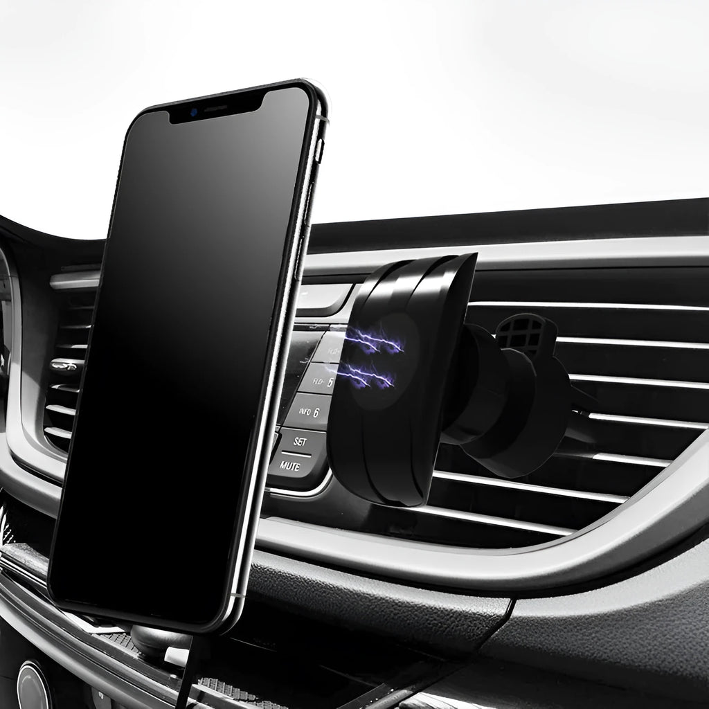 Gloss black car phone holder mounted on vehicle air vent with universal clip mechanism