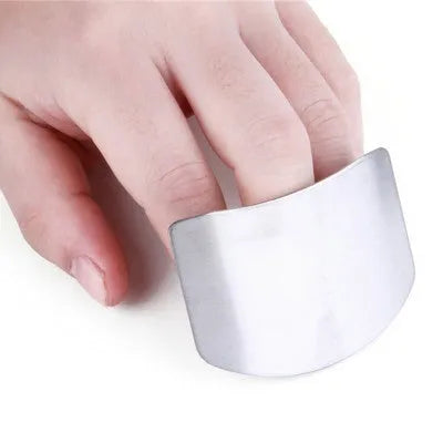 Stainless steel finger guard for cutting vegetables, shown in single and double finger sizes.