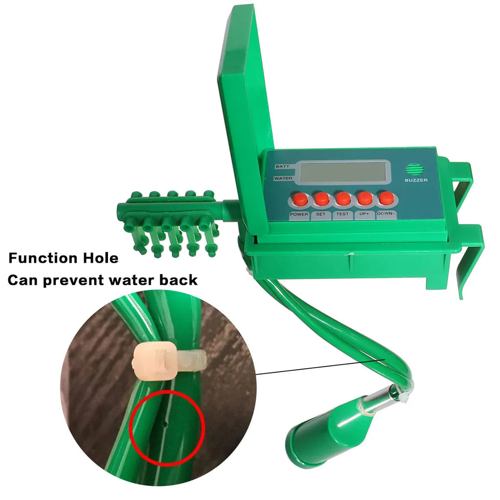 Green ABS automatic micro drip irrigation kit with smart controller, pump, 10 m vinyl tube and ten stainless steel pegs