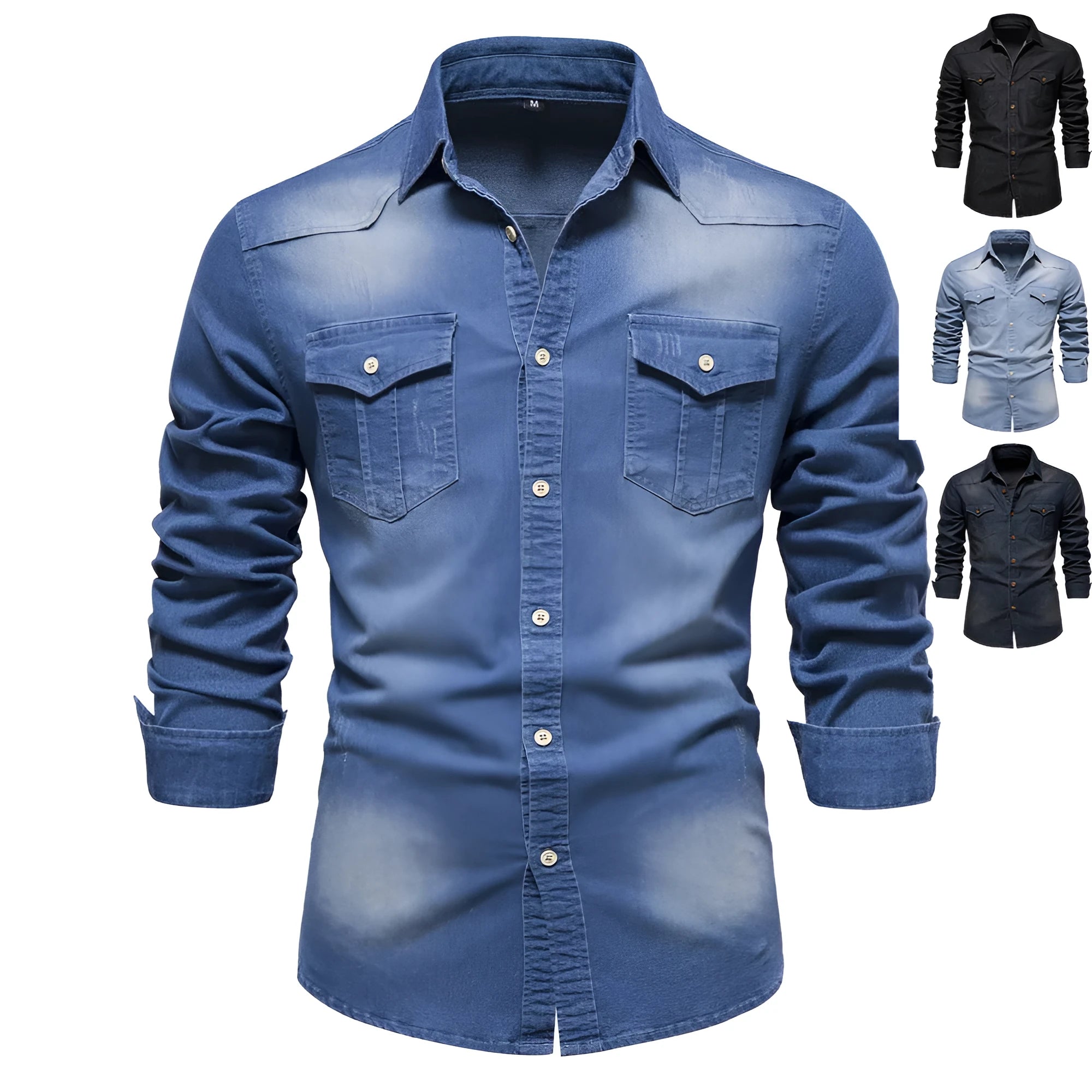 Men's slim fit long-sleeved denim shirt in cotton available in four colours