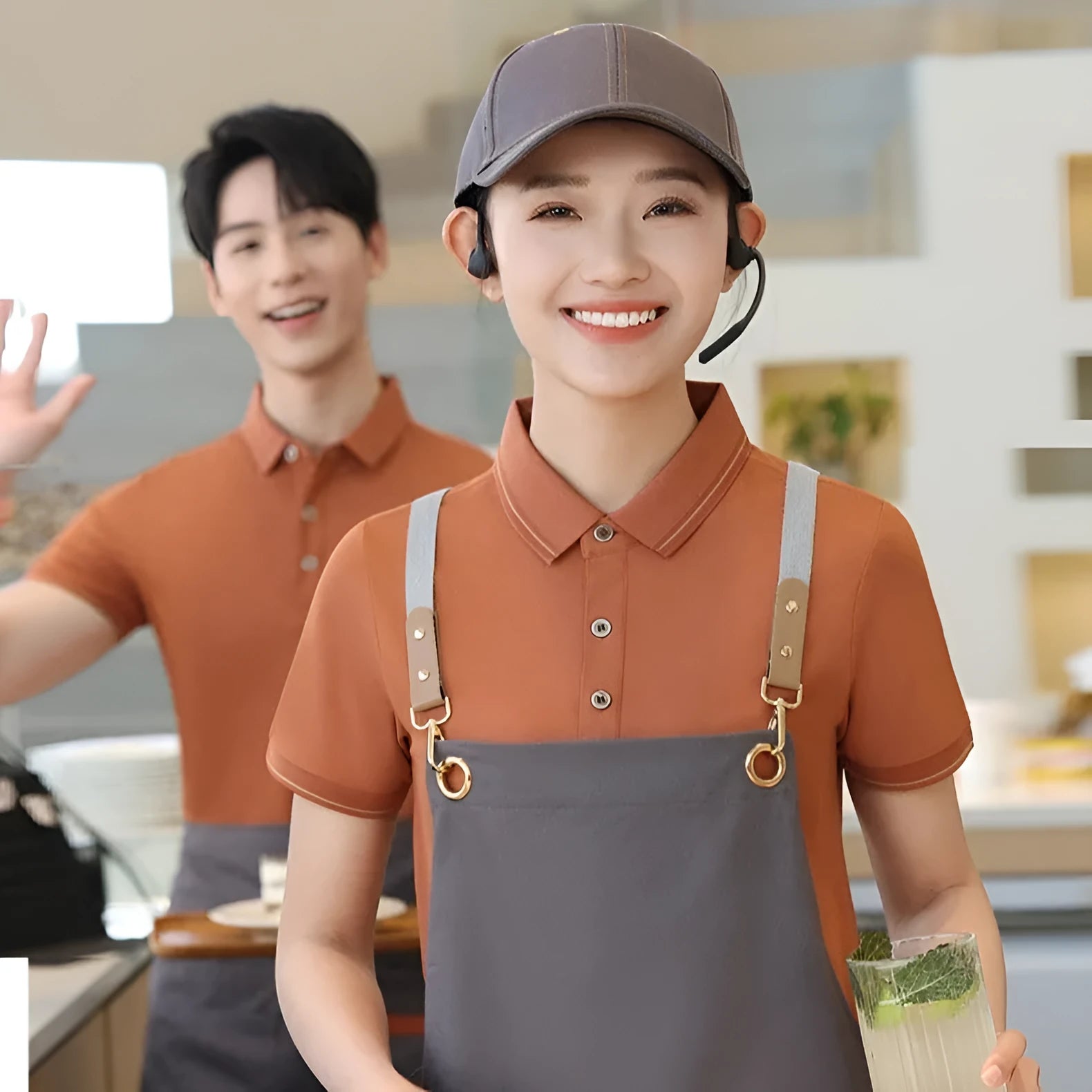 Short sleeve waiter work shirt in black polyester-acetate fabric with regular sleeves, front view on model.
