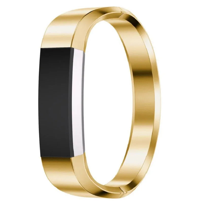 Stainless steel Fitbit Alta replacement strap with deployment buckle in black, gold, rose gold, and silver.