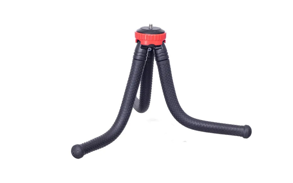 Black flexible octopus tripod with wrapped legs and spherical gimbal head for mounting a smartphone