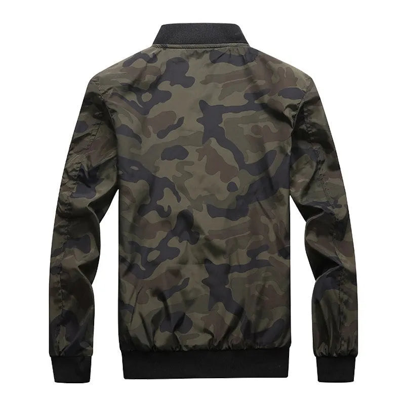 Men's camouflage bomber jacket, stand collar, zip front, long sleeves, welt pockets, army green or dark grey