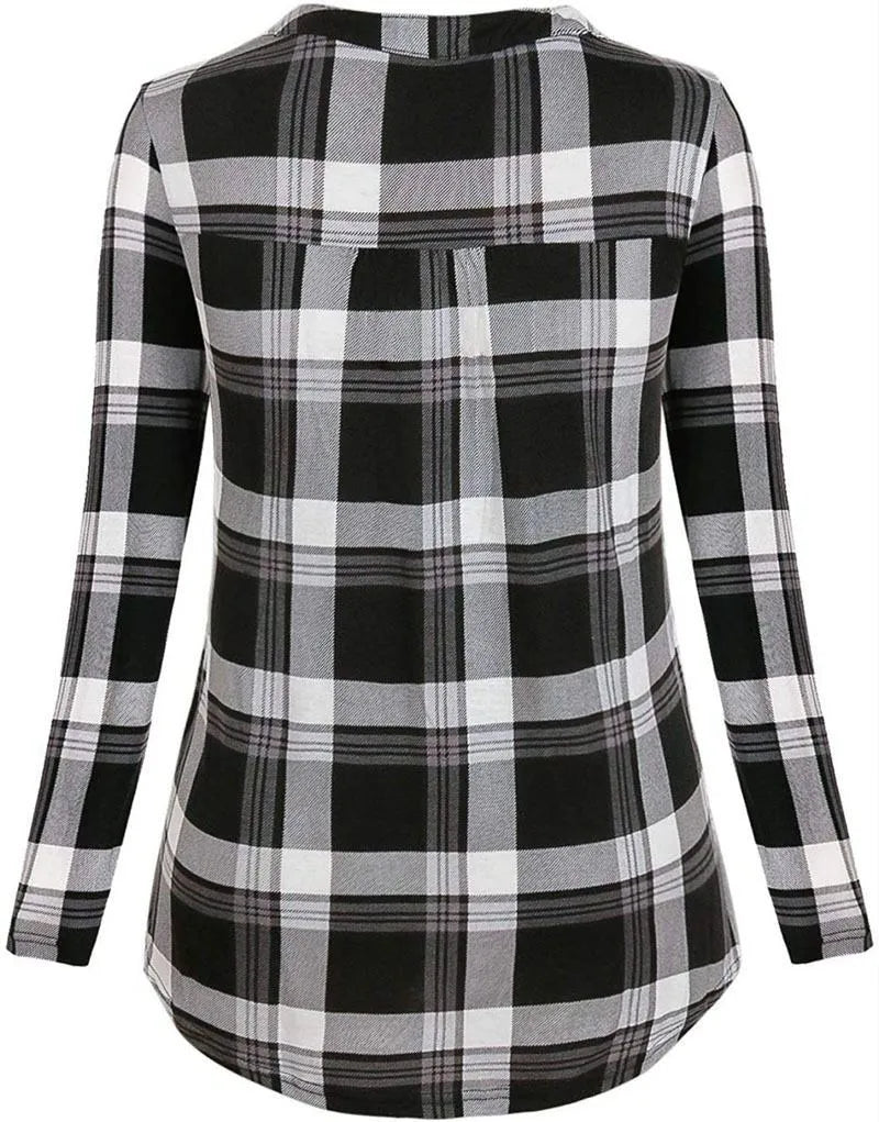 Women's maternity plaid t-shirt with long sleeves and V-neck, shown in black, dark blue, or red.