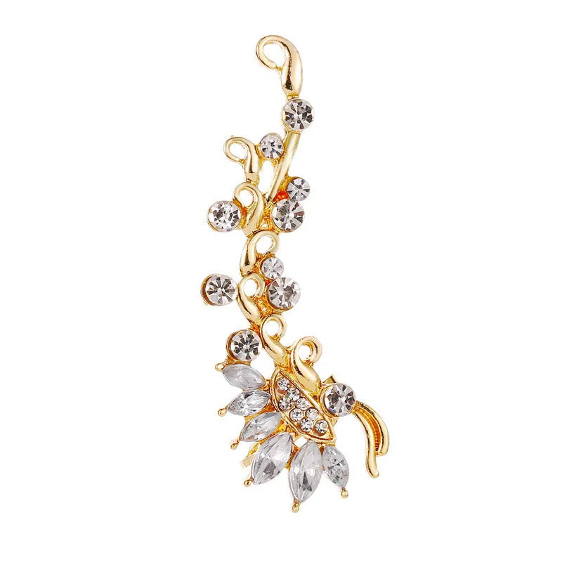 Full crystal butterfly and flower single crystal ear clip in gold alloy finish with artificial gemstone inlay