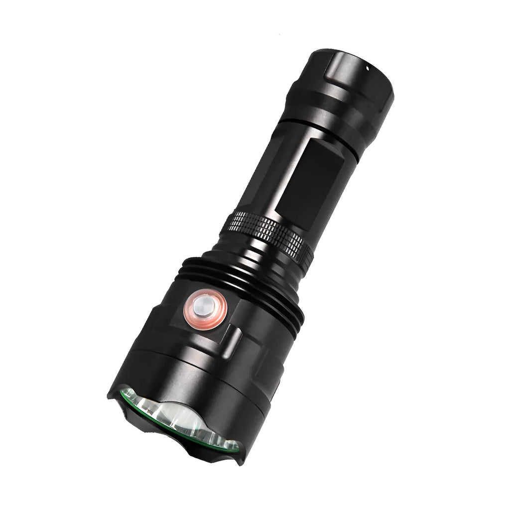 Black anodised aluminium LED flashlight with large head, showing tactical design and side switch