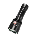 Black anodised aluminium LED flashlight with large head, showing tactical design and side switch