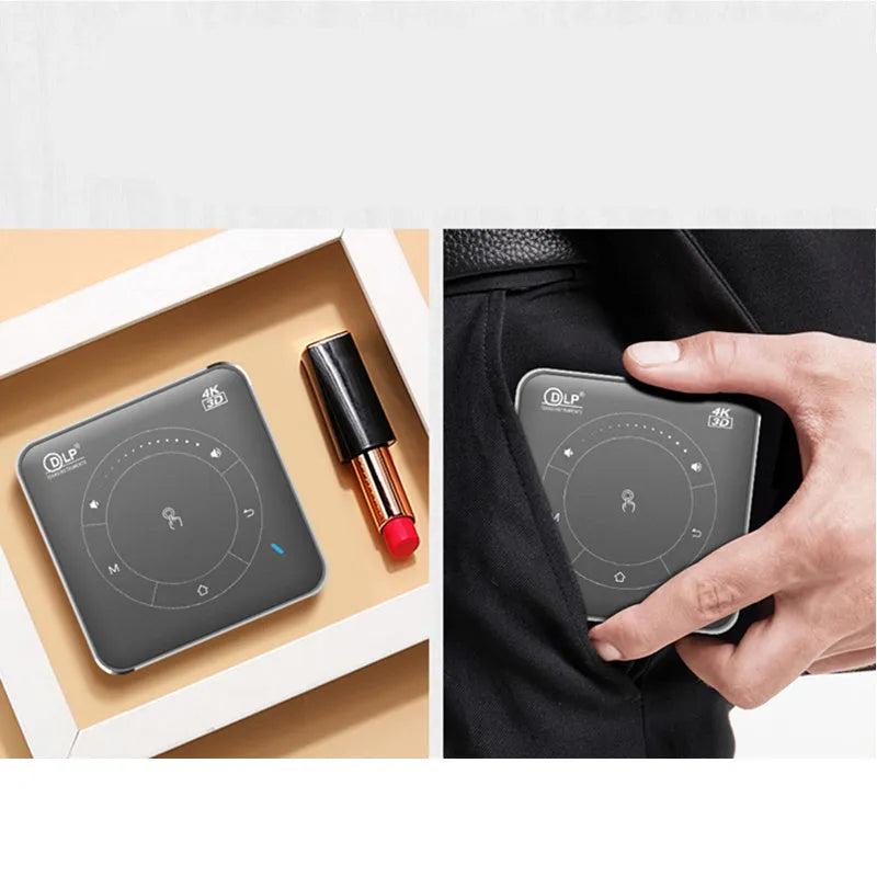 Android portable phone projector, DLP, 854x480dpi, 2000-3000 lumens, 8 x 8 x 2.8 cm, black and grey