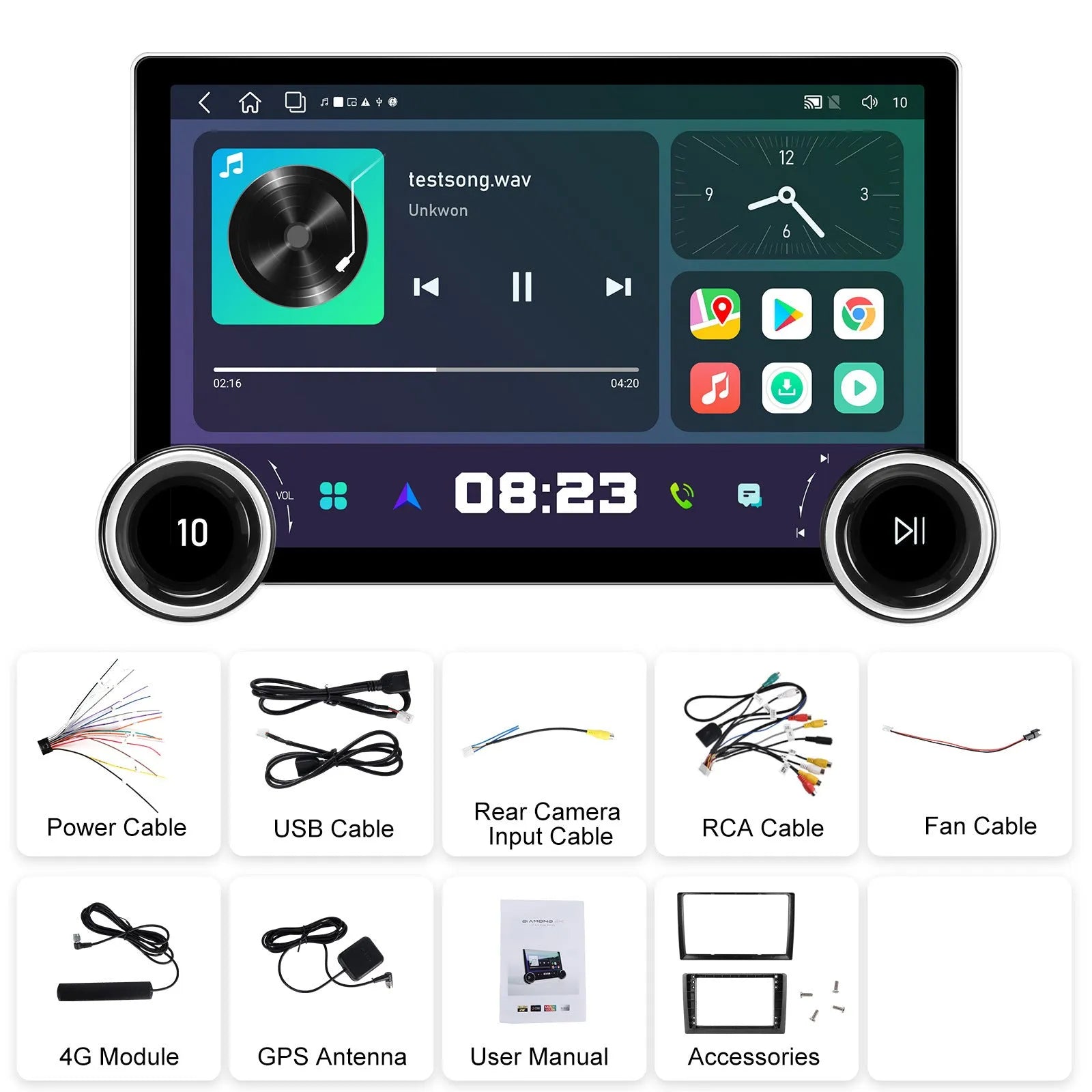 11.8-inch Android car stereo with dual knobs and QLED screen showing navigation map