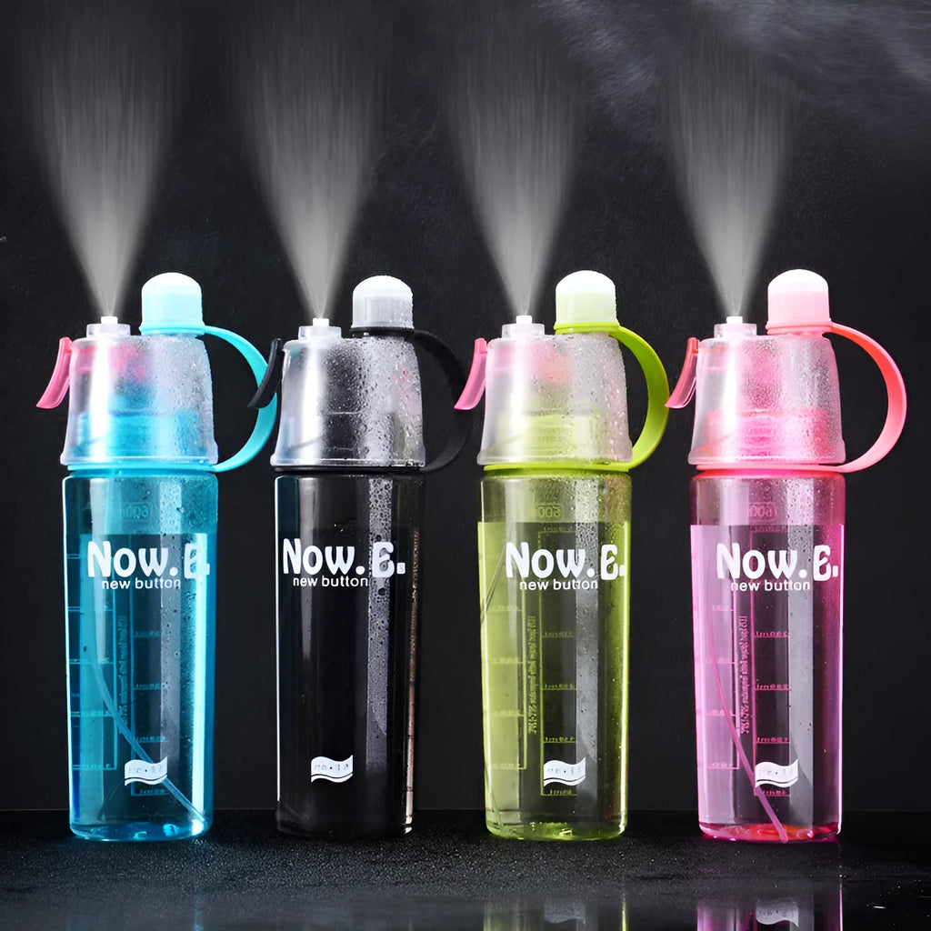 Green portable outdoor sports mist spray cup with handle, transparent scale, and spray mouth.