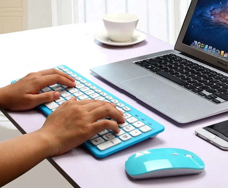 Wireless keyboard and mouse set showing black version with 96-key layout and ergonomic design