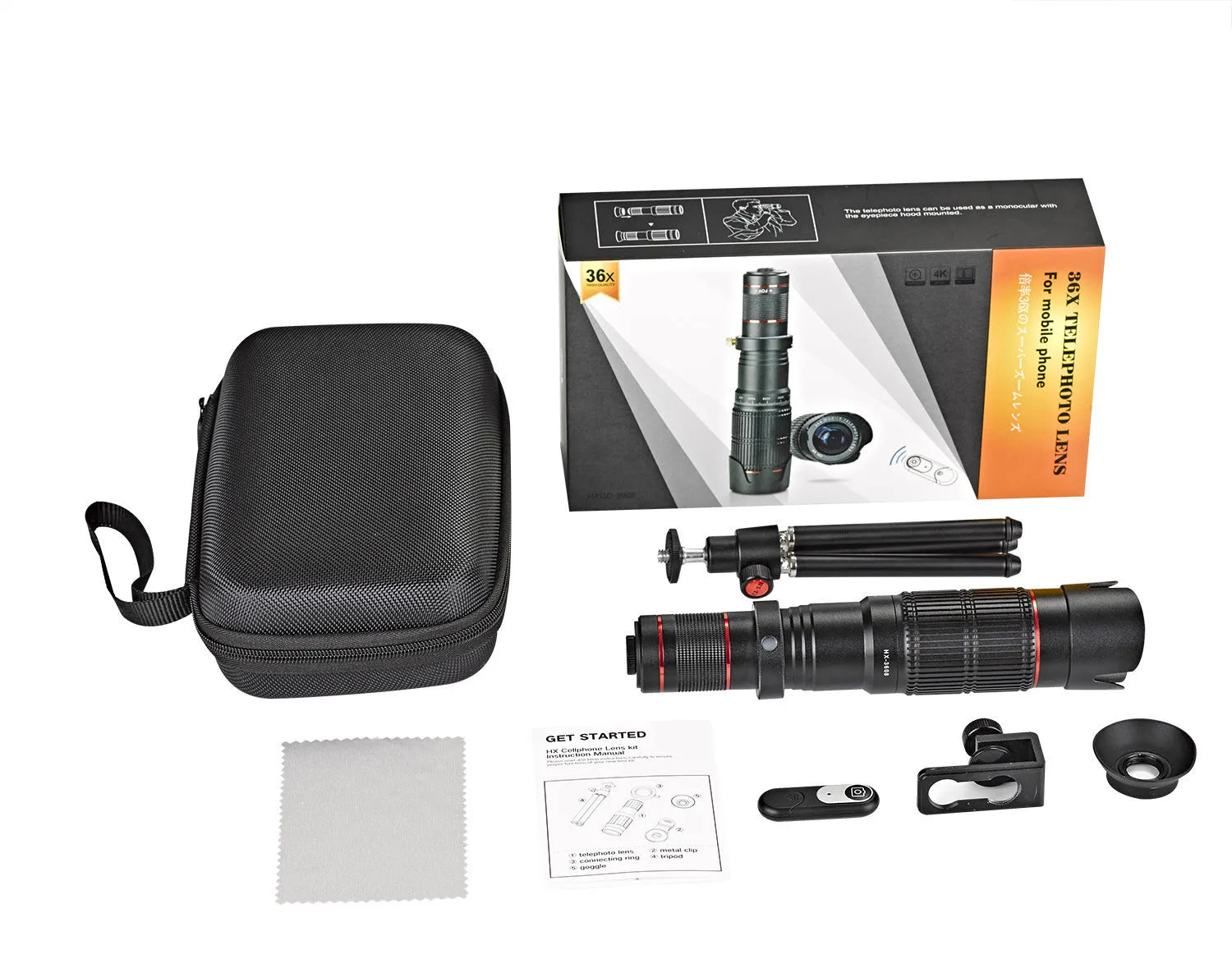 Black 36x telephoto lens attachment for smartphones shown next to its compact packaging.
