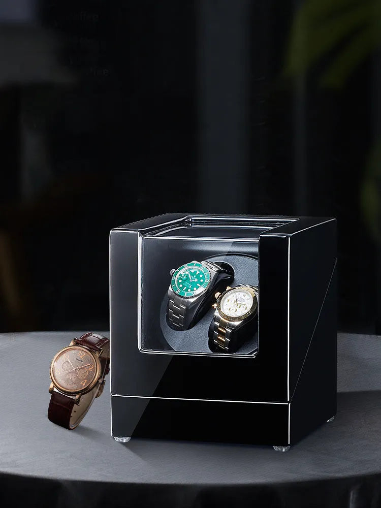 Black mechanical watch winder with piano paint finish, multiple rotation modes, and EU/US plug option.