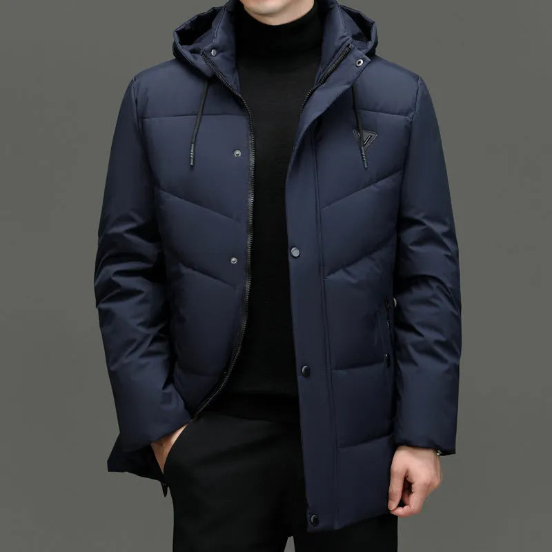 Men's extra thick down cotton-padded jacket in black, cardigan style with side pockets
