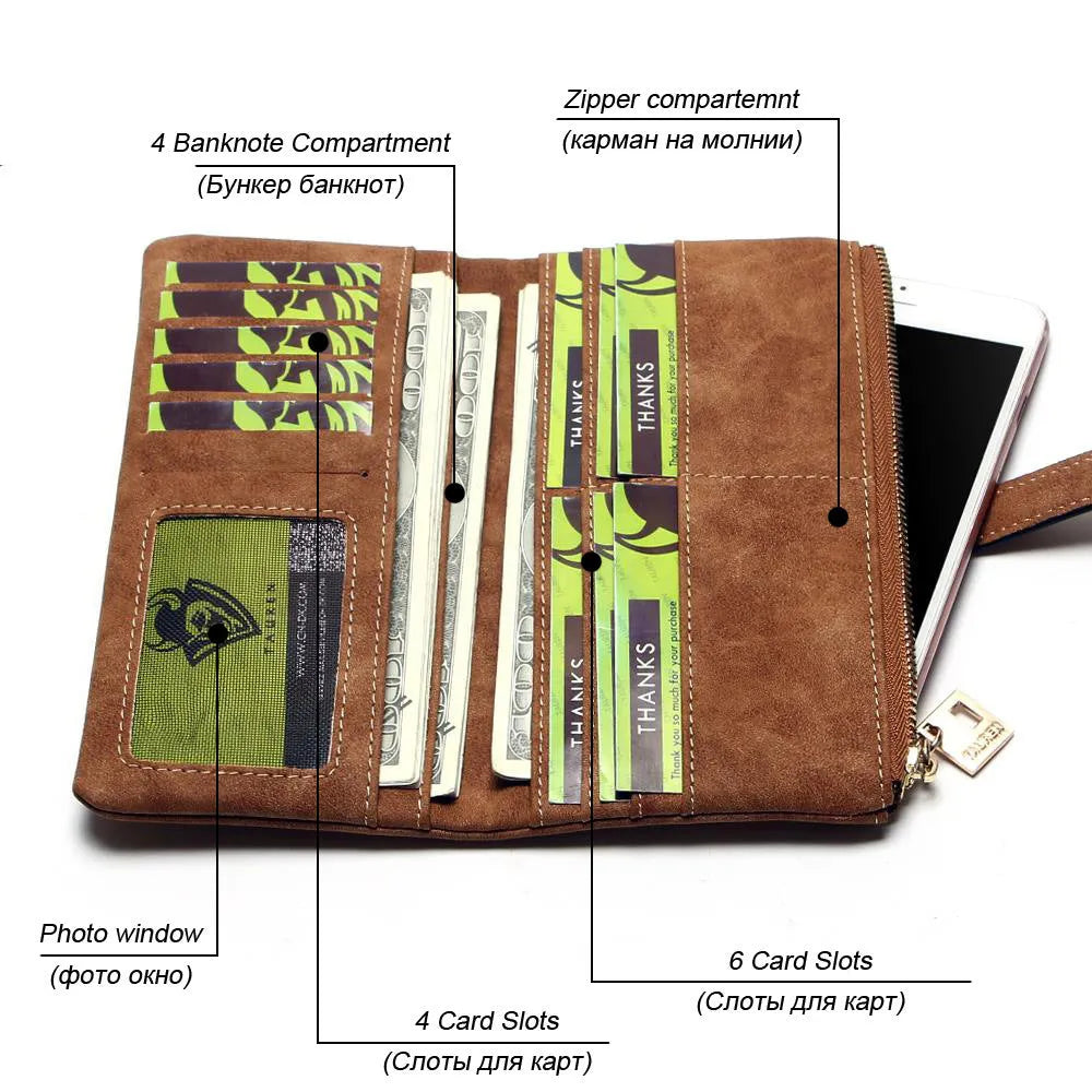 Korean-style retro matte leather-effect women's long wallet open showing interior card slots and organisation