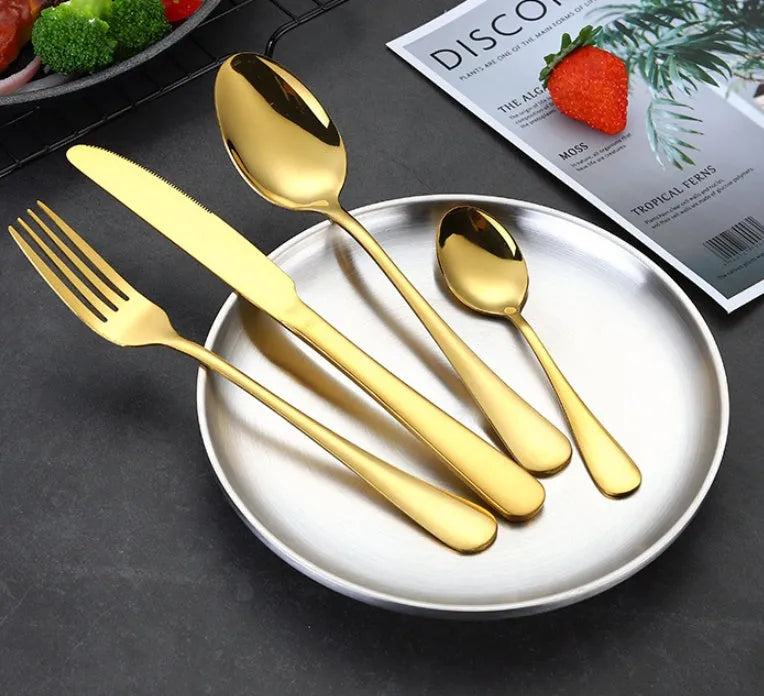 Stainless steel tableware 24 piece set showing table knives, forks, and spoons in multiple colour options