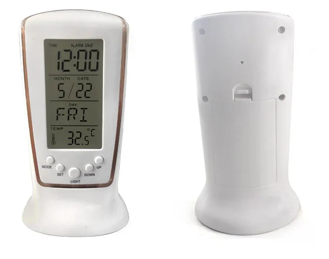 Multi-function LED digital clock with rectangular plastic body, blue backlight, and LCD showing time and temperature