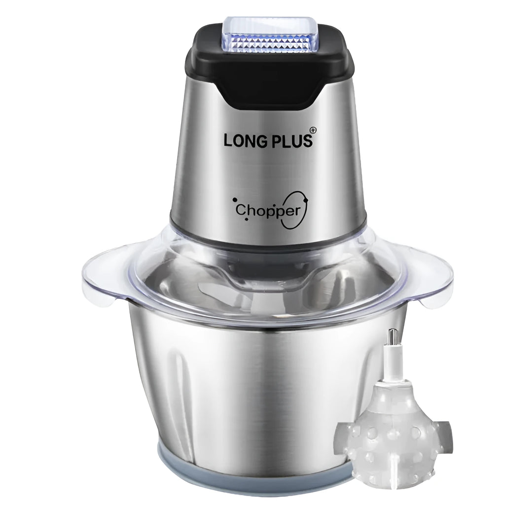 LONG PLUS electric meat grinder and garlic peeler appliance on a kitchen countertop.